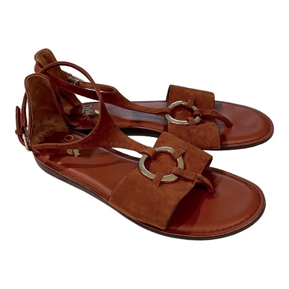 Franco Sarto Lockheart Cognac Suede Gold Ring Ankle Strap Sandal, size 8 - Picture 1 of 14